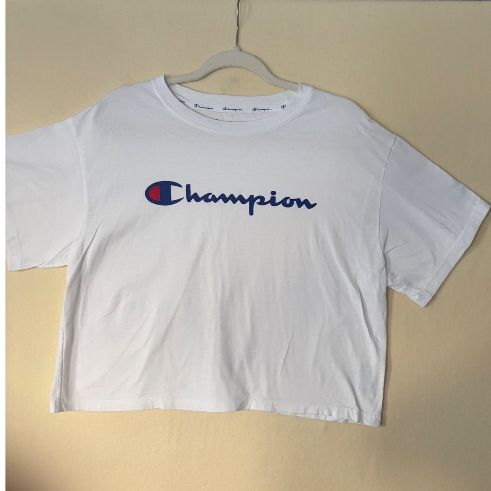 Champion Heritage Cropped T-Shirt White Script Logo Boxy Athletic Tee Womens L